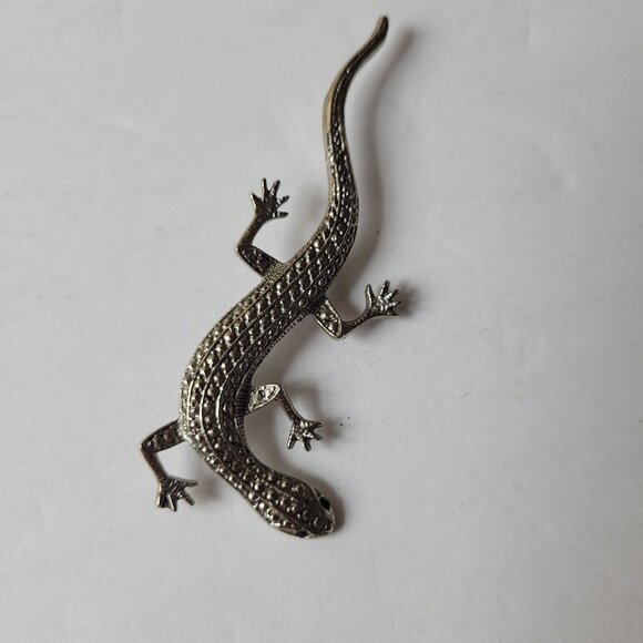 VTG Lizard Pin Brooch Silver-Tone Red Glass Eyes 3.25" Unique Delicate BoHo Cool - Picture 3 of 11